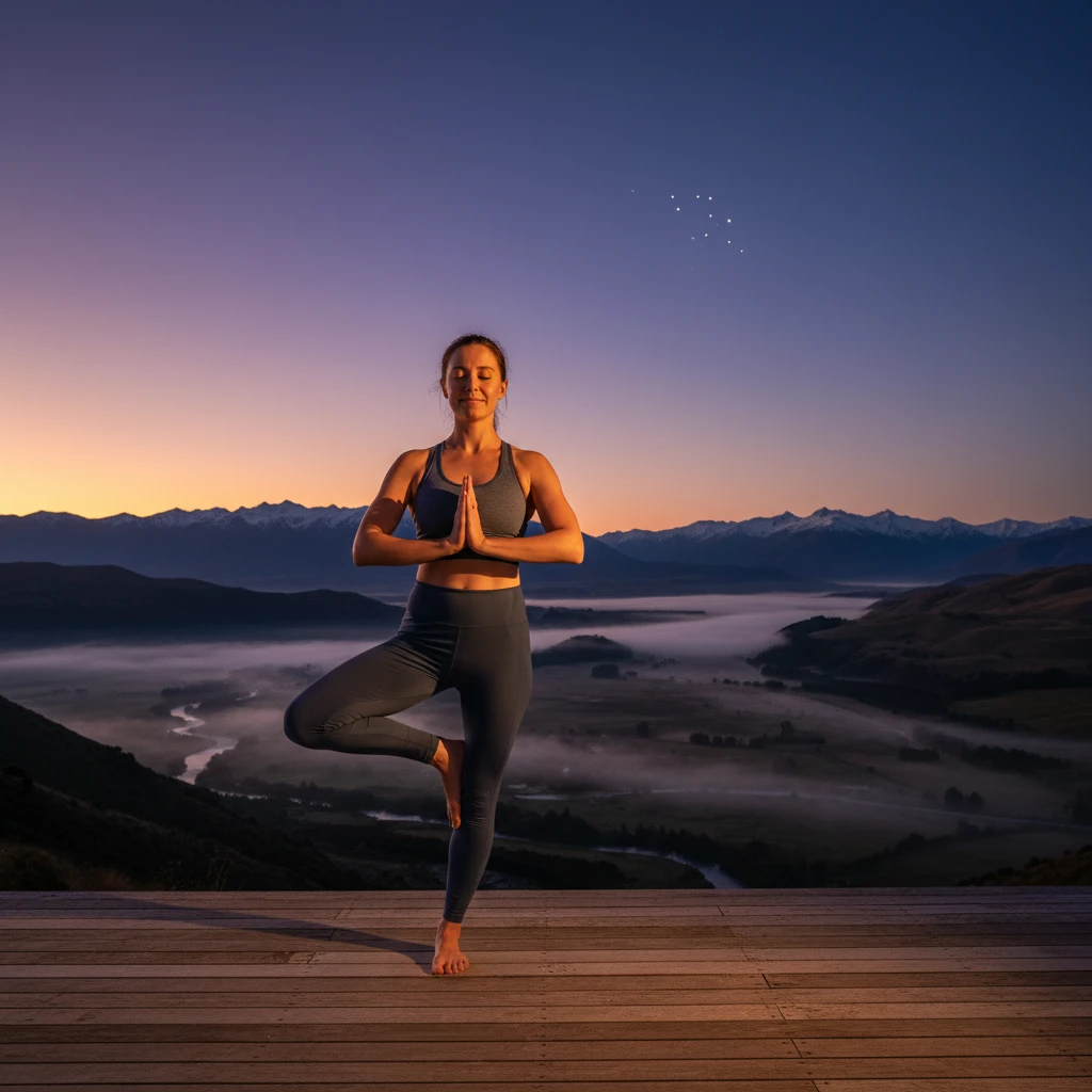 Woman practicing Matariki yoga under the stars