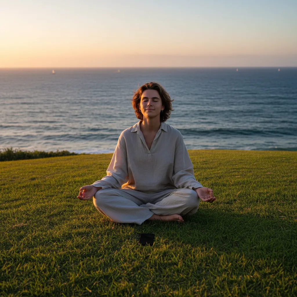 Young person practicing mindfulness by disconnecting from their phone in nature