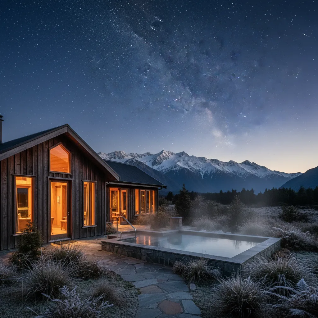 Matariki stars over a New Zealand wellness retreat lodge