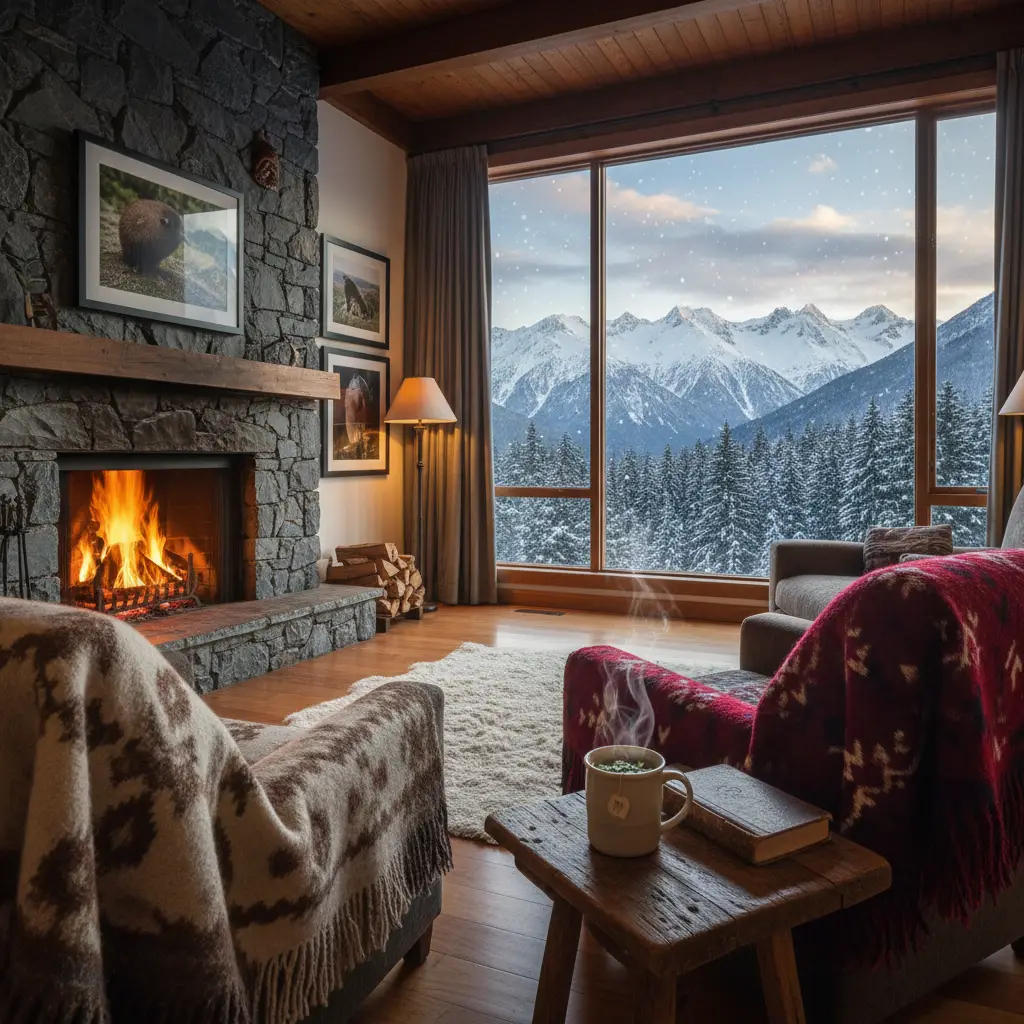 Cozy winter lodge interior for Matariki