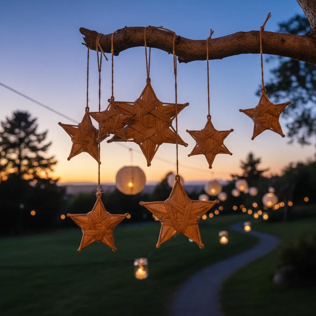 Woven flax stars hanging as sustainable Matariki decorations