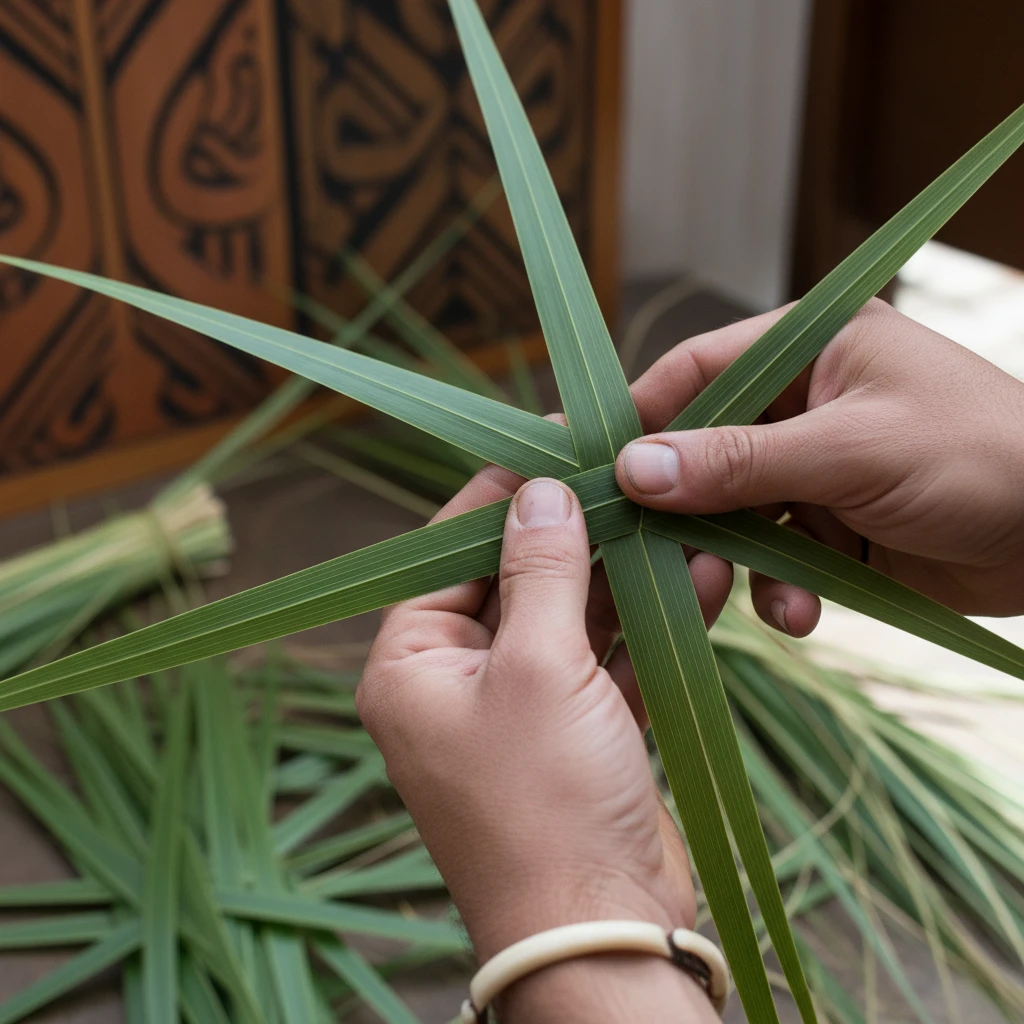 Hands weaving a traditional Harakeke star for Matariki