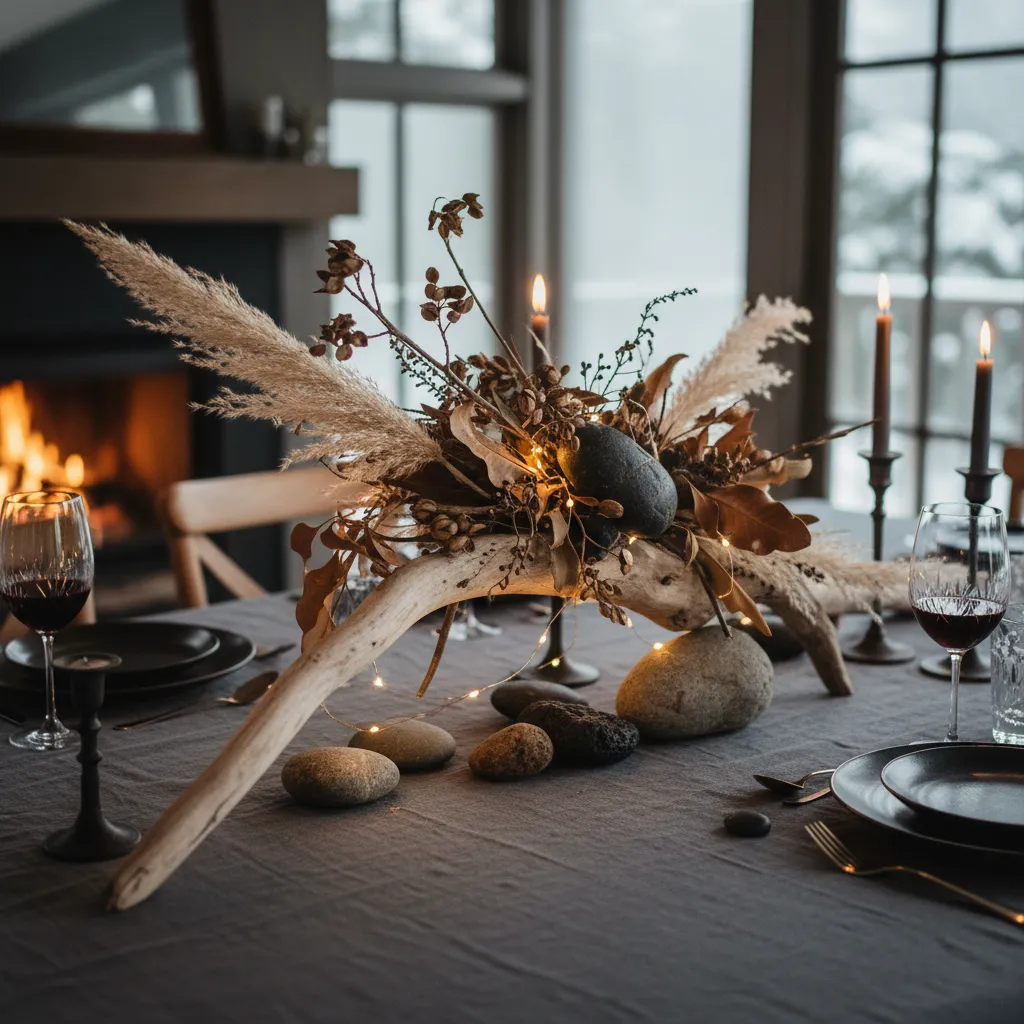 Dried flower and driftwood centerpiece for Matariki feast