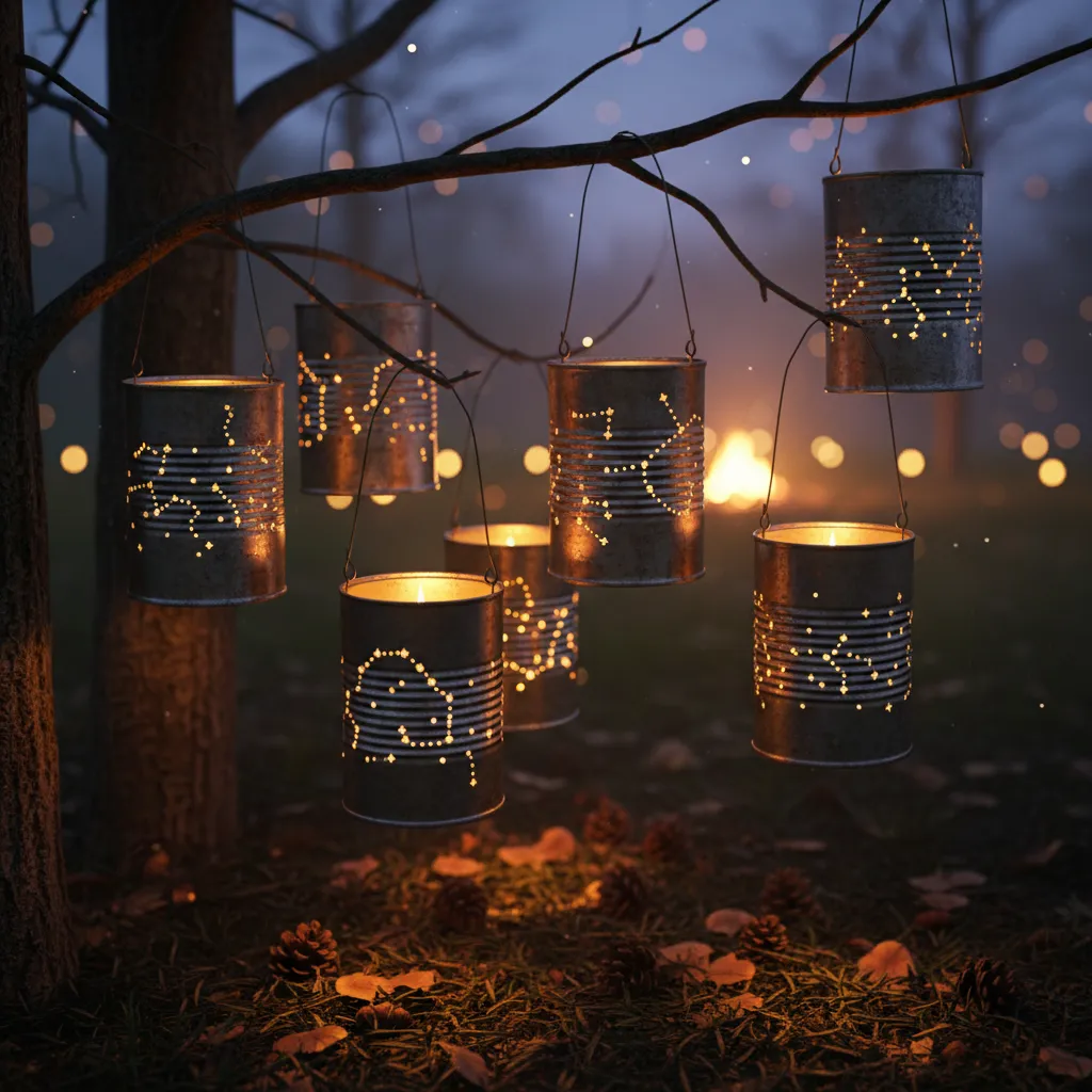 Upcycled tin can lanterns with star patterns