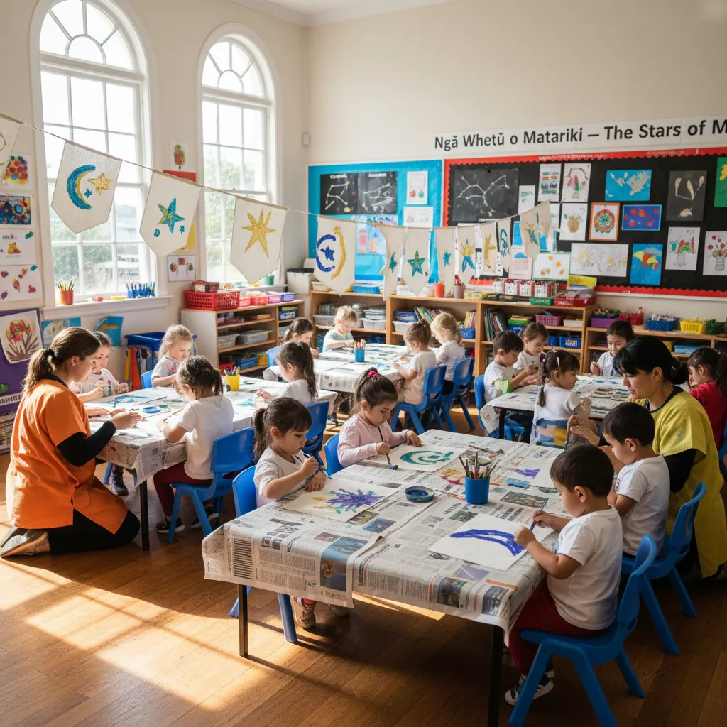 Students creating custom eco-friendly Matariki bunting in a classroom