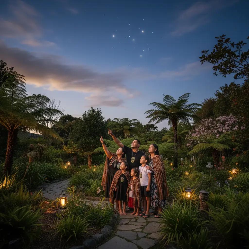 Whānau observing Matariki stars and connecting with nature