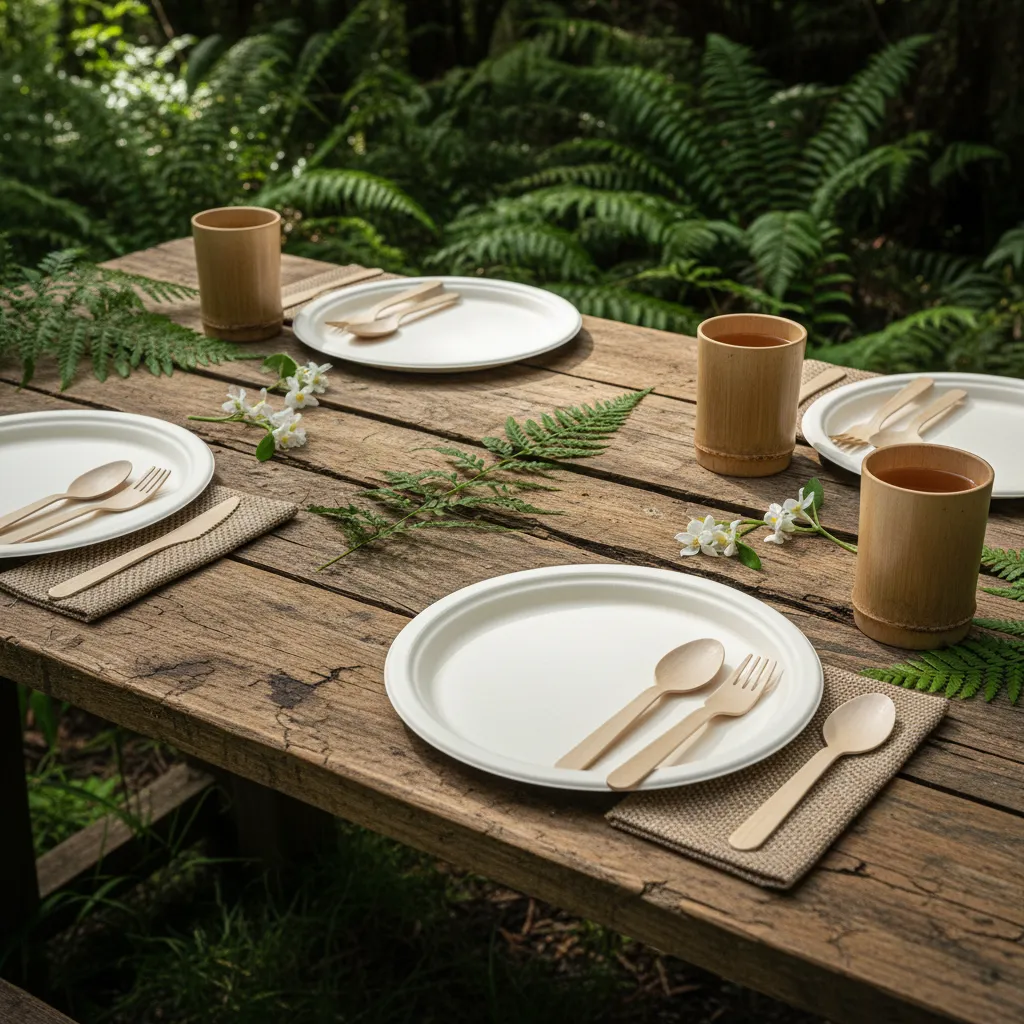 Eco friendly party supplies NZ table setting with compostable plates and cutlery