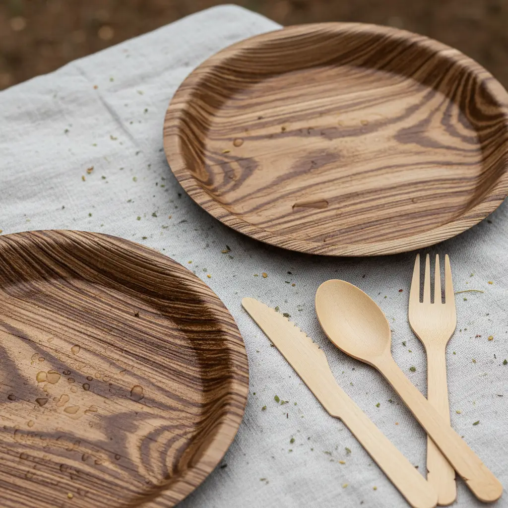 Close up of durable palm leaf plates and bamboo cutlery
