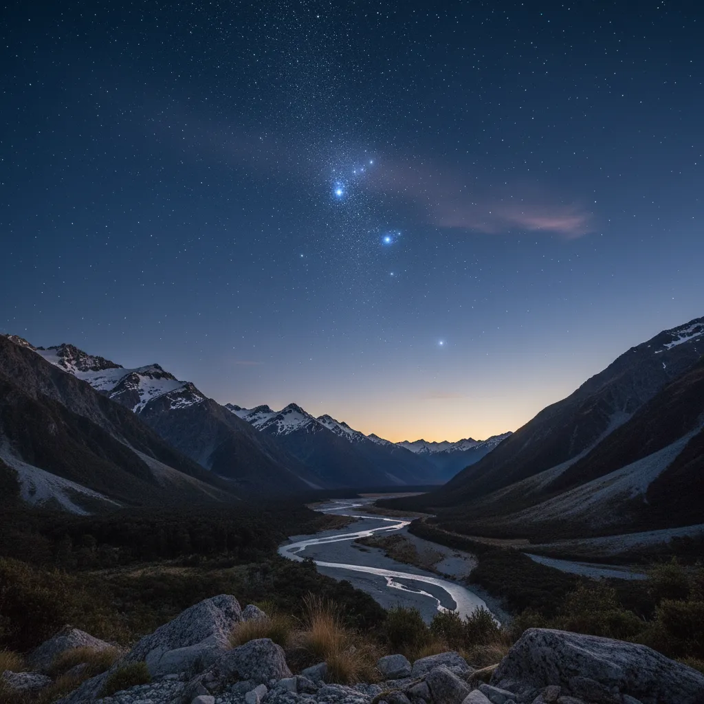 The Pleiades star cluster rising above the New Zealand horizon