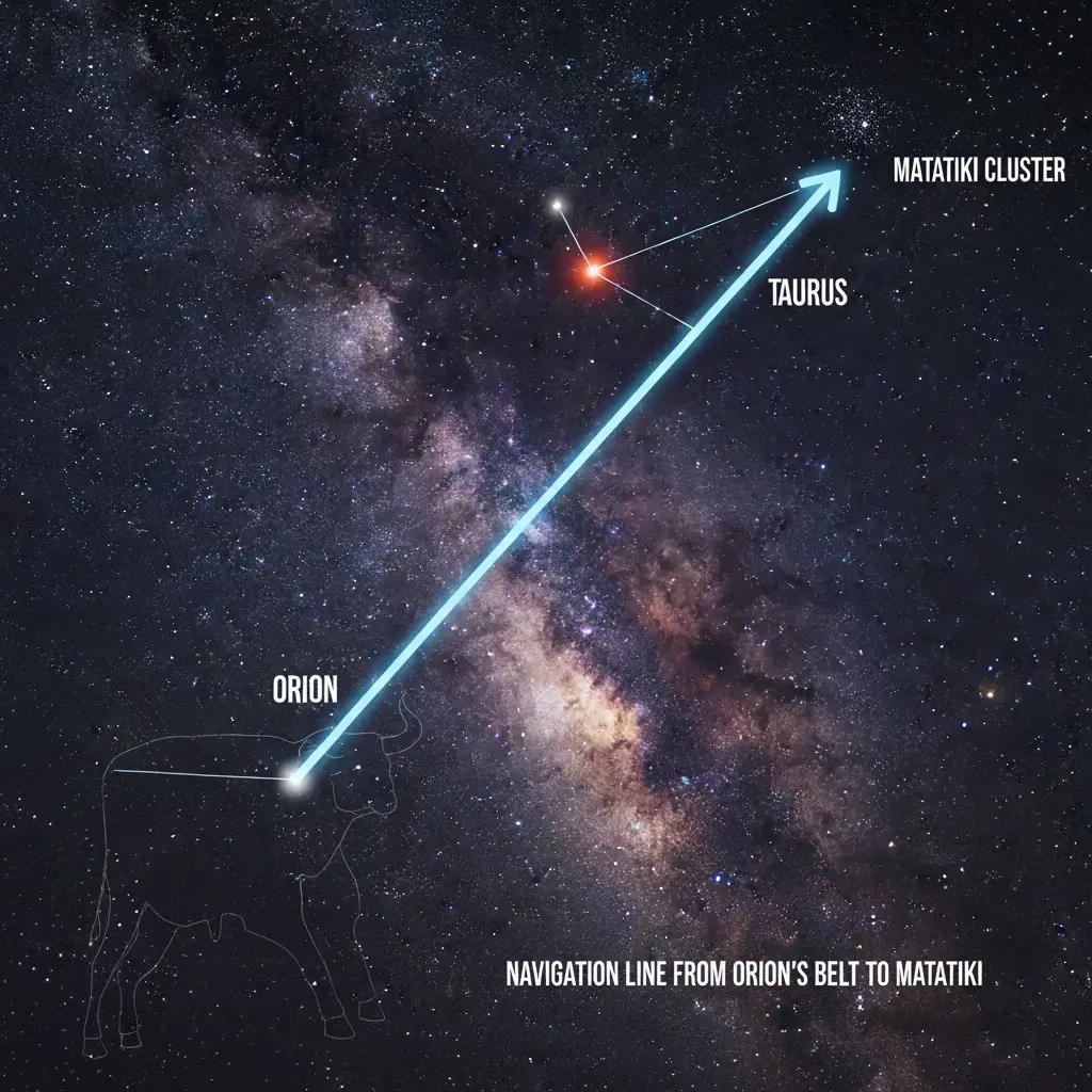 Star chart showing how to find Matariki using Orion's Belt