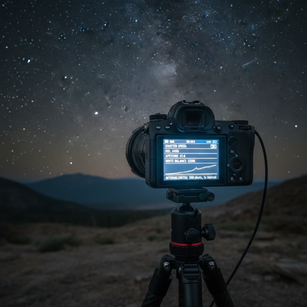 Camera settings displayed on LCD screen for night photography