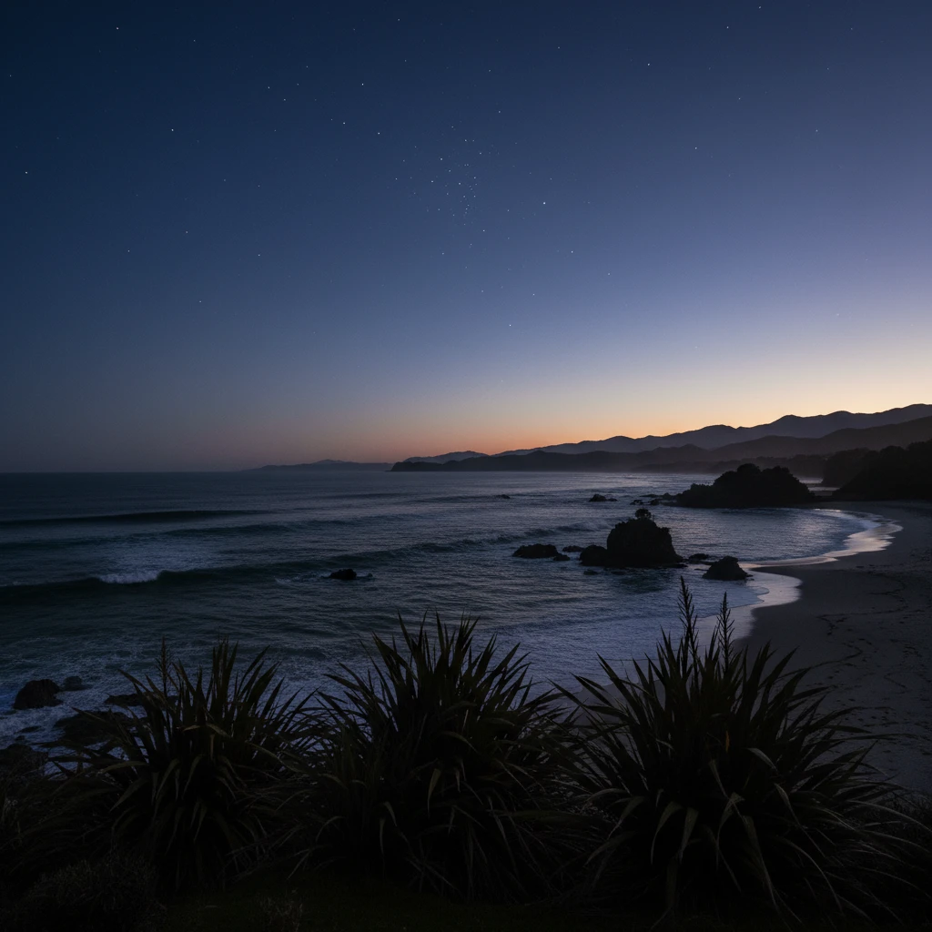 Pre-dawn New Zealand landscape with Matariki visible on the horizon