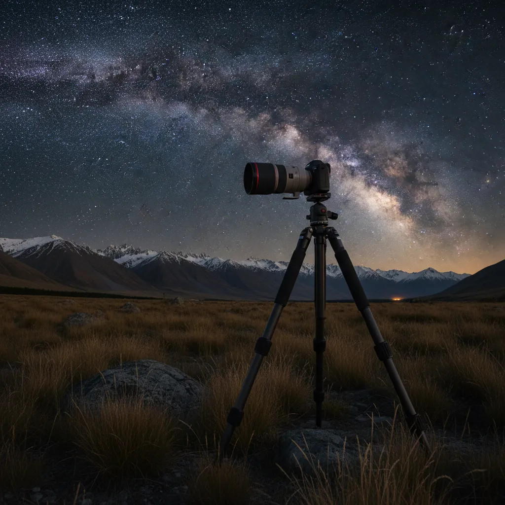 Camera tripod set up for astrophotography in NZ dark sky reserve
