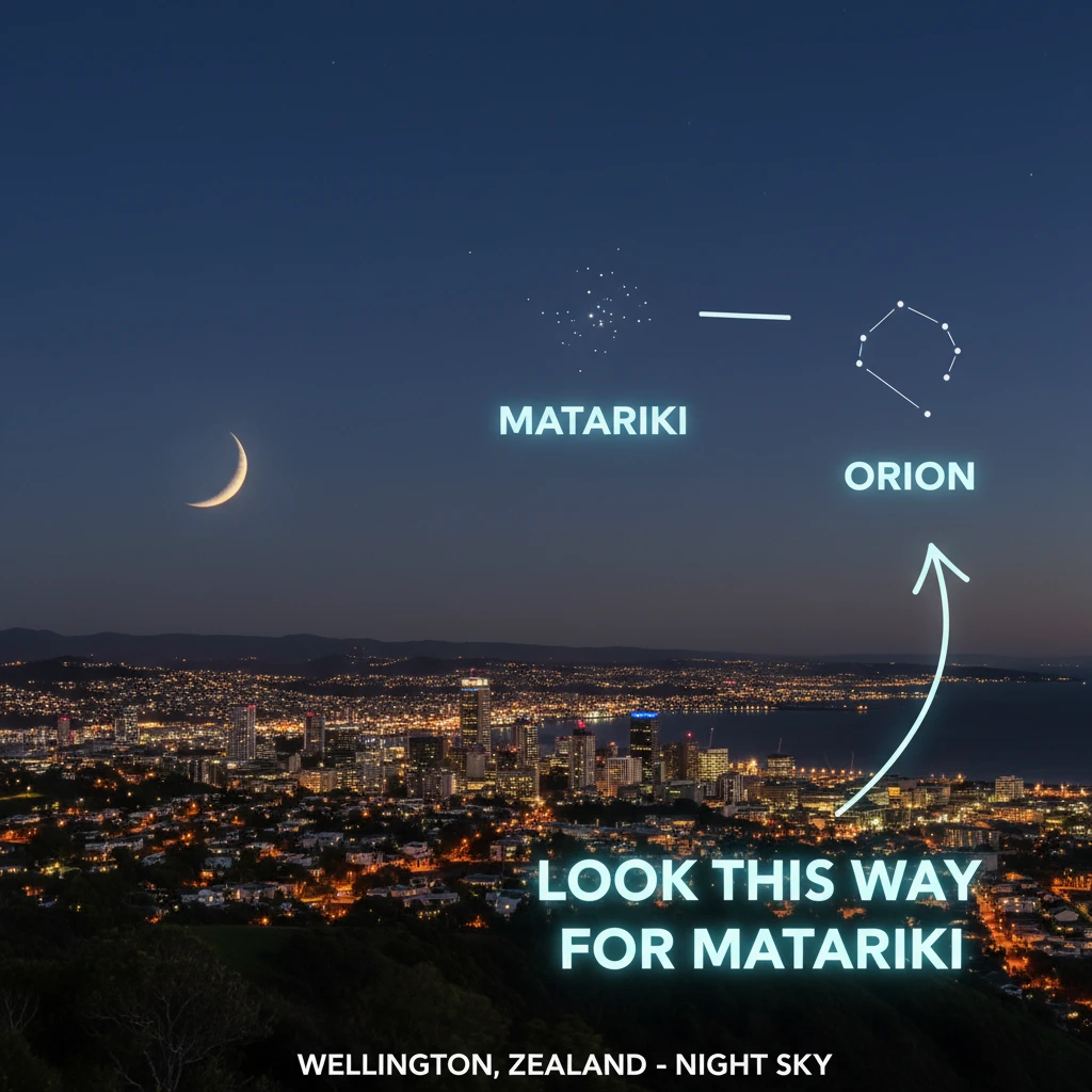 Star chart showing where to look for Matariki in Wellington