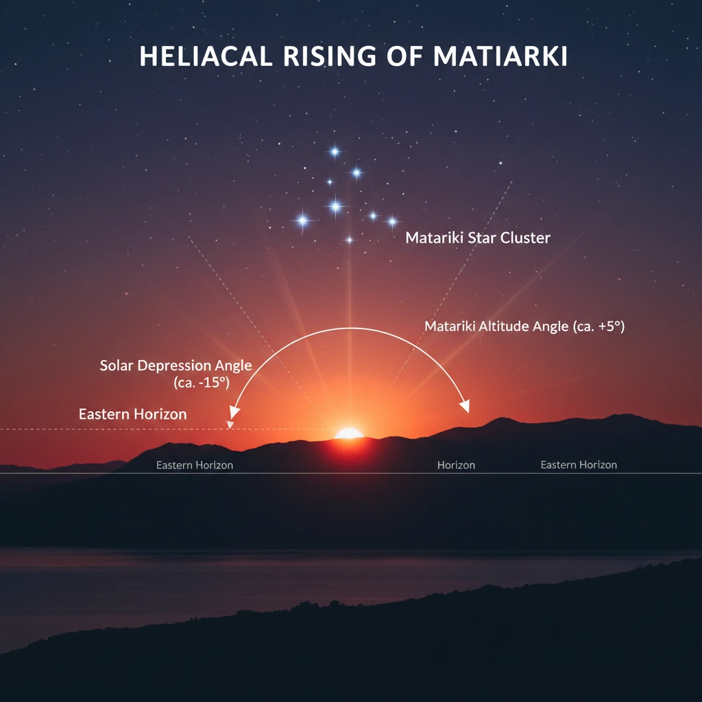 Diagram illustrating the heliacal rising of Matariki relative to the sun