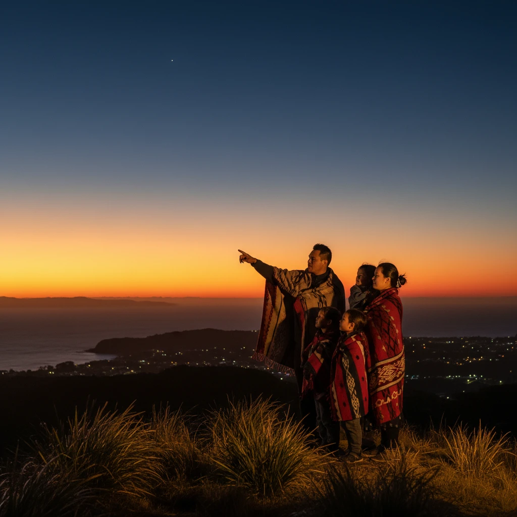 Whānau observing Matariki from a hilltop at dawn