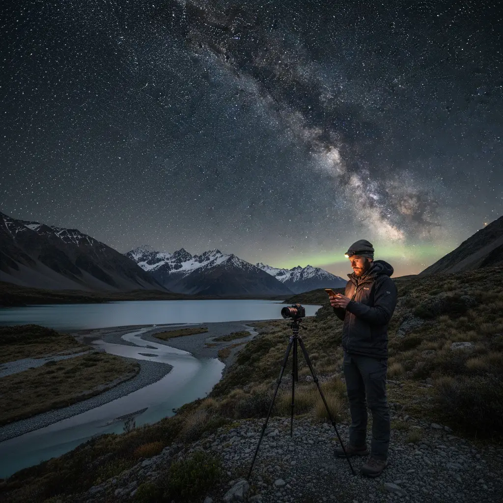 Photographer calculating shutter speed using the Rule of 500 under a night sky