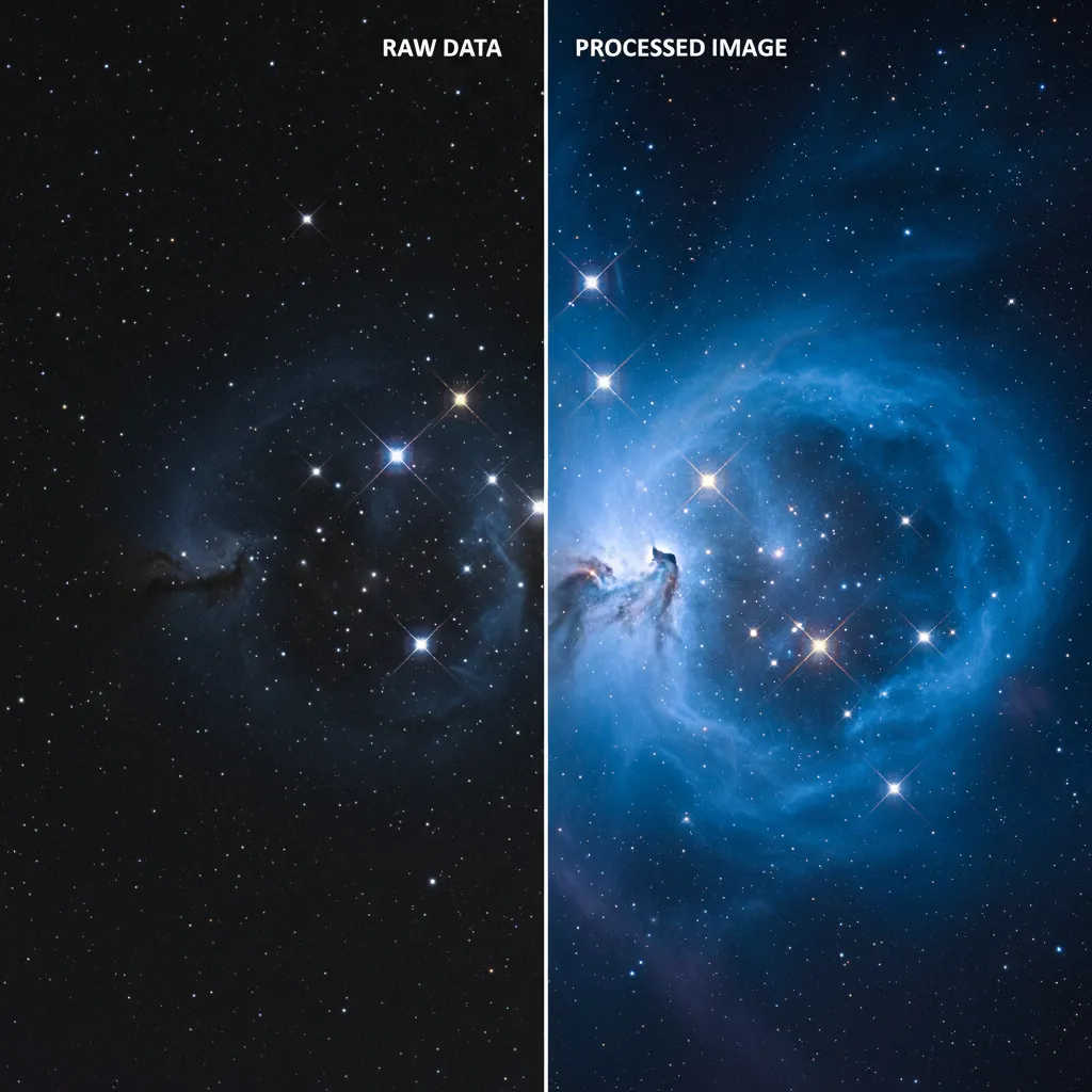 Before and after post-processing of Matariki star cluster showing blue glow
