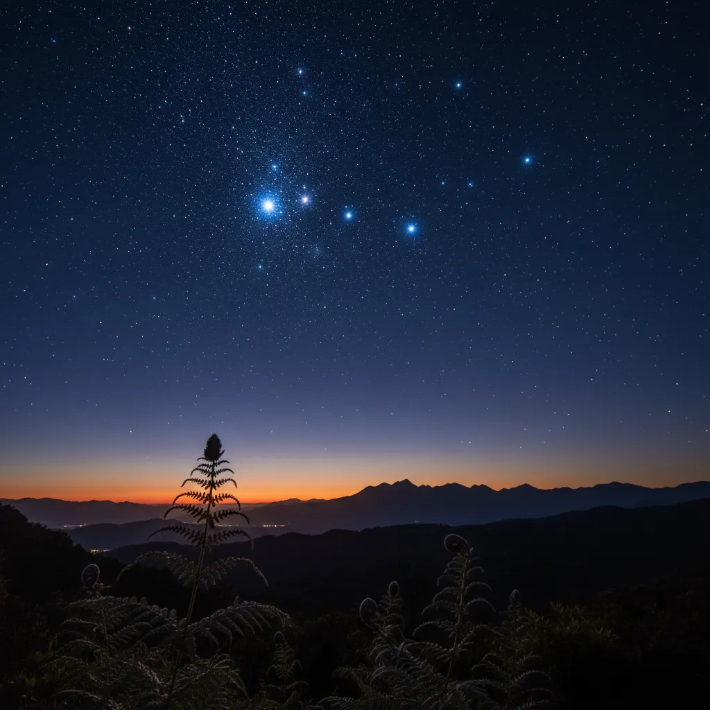 The Matariki star cluster rising above the New Zealand horizon