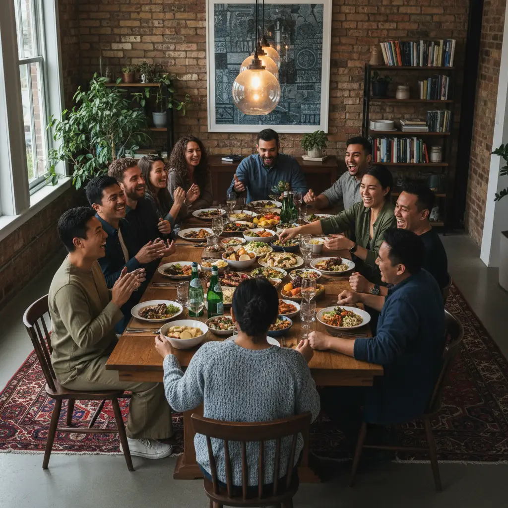 Diverse group of New Zealanders sharing a meal during Matariki