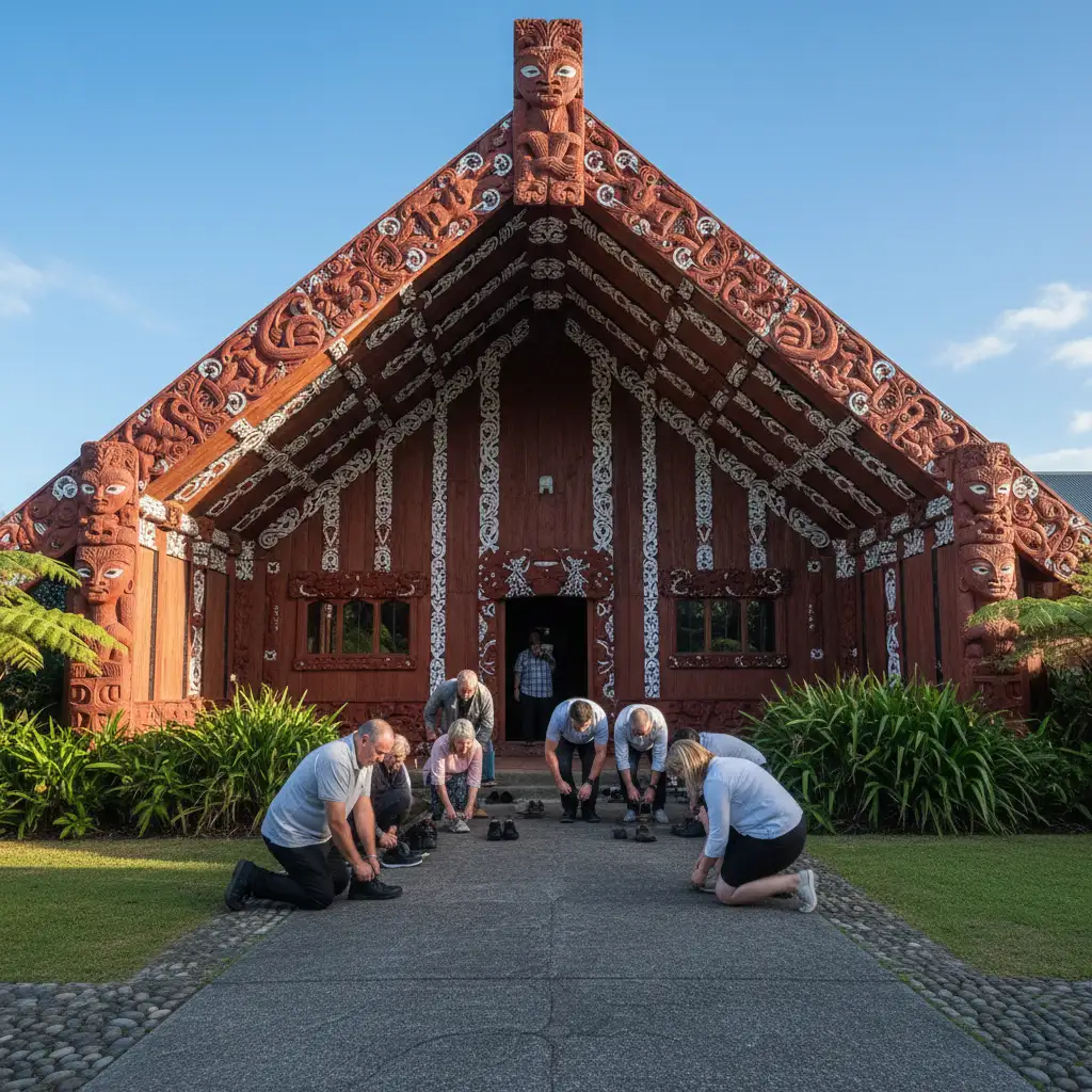Visitors removing shoes before entering a Marae meeting house