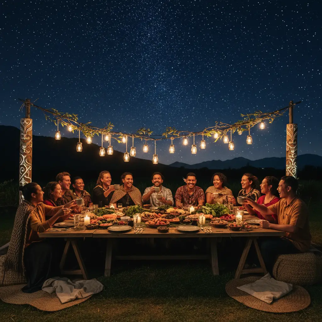 Diverse community sharing a Matariki feast outdoors