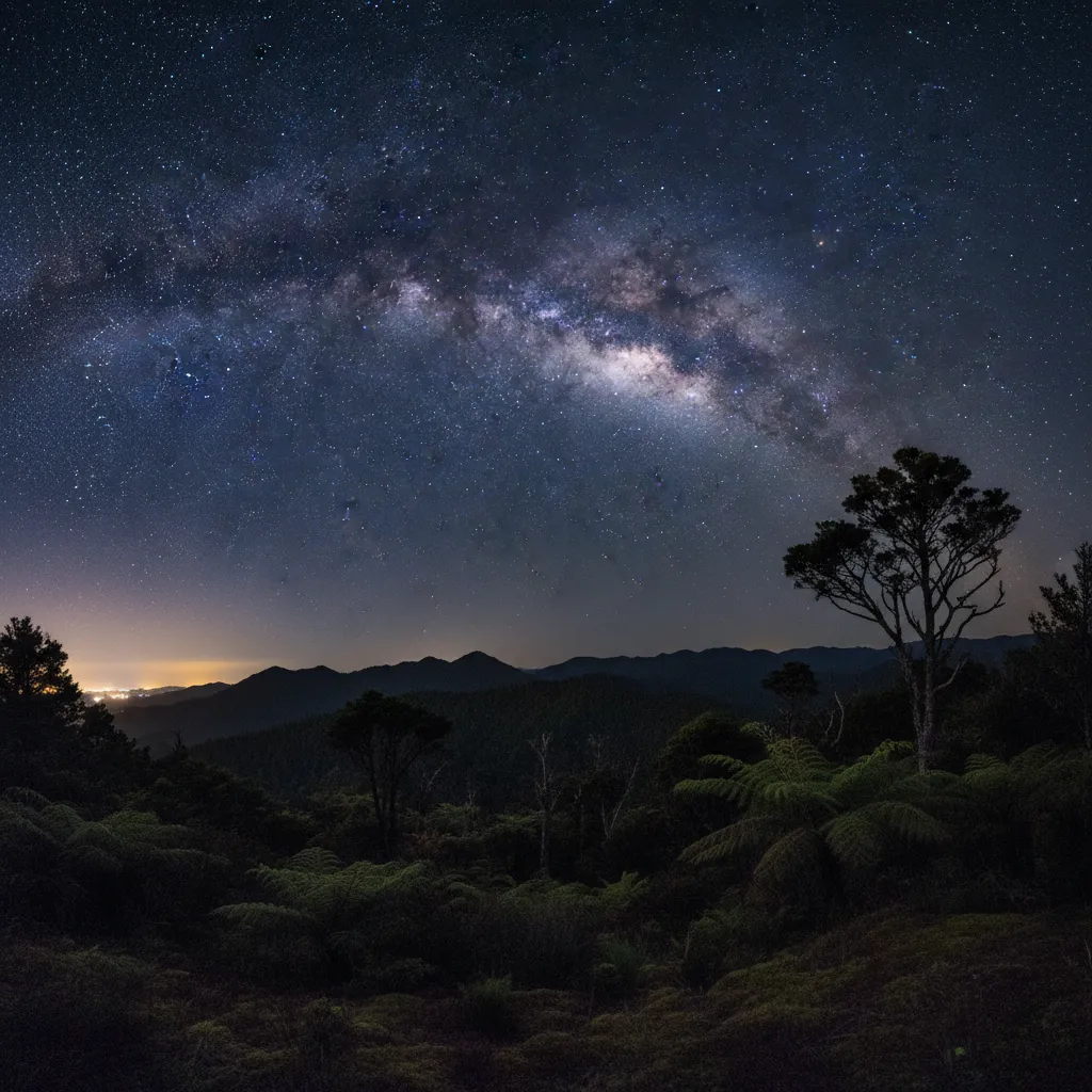 Milky Way visible over the Waitakere Ranges forest canopy
