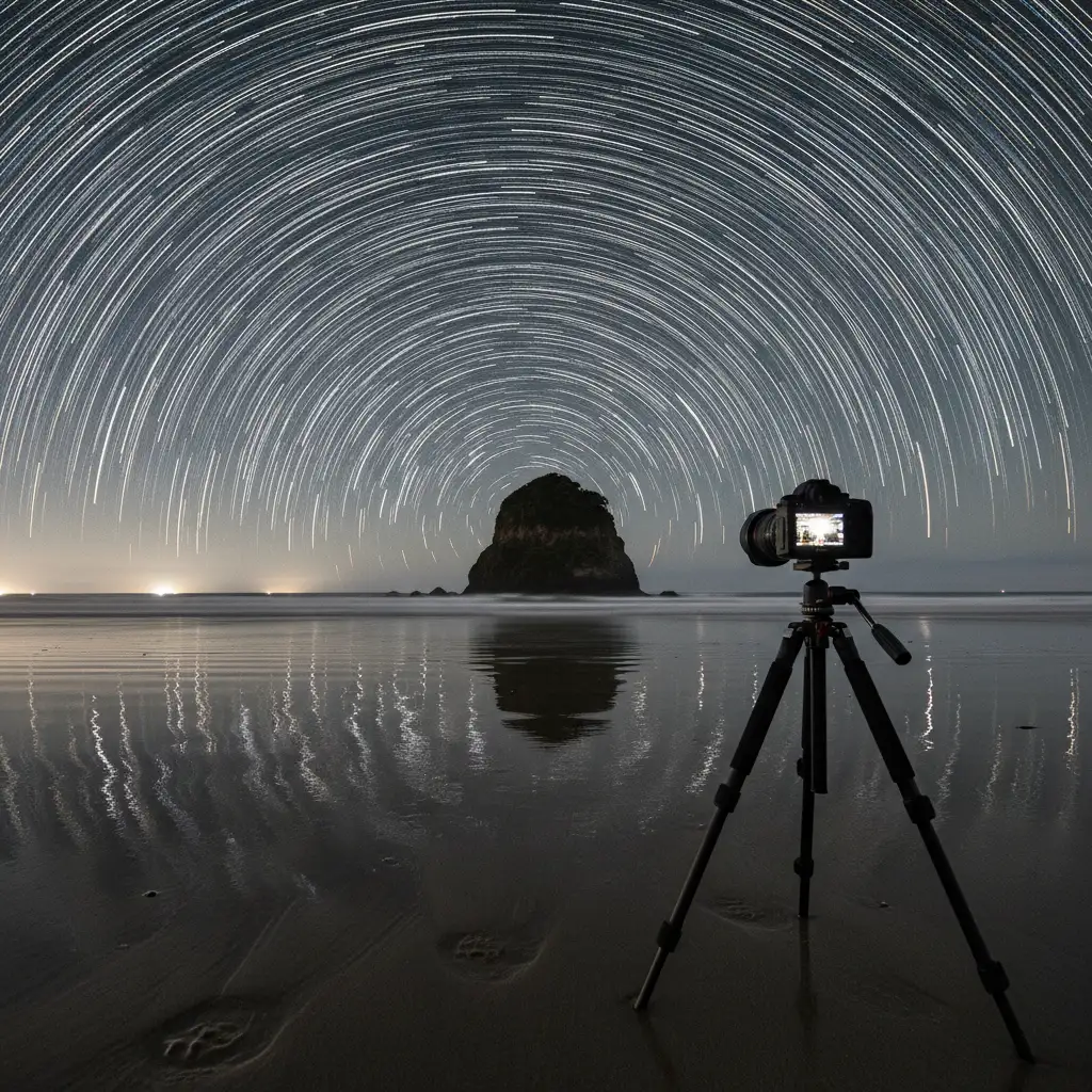 Astrophotography setup at Piha Beach
