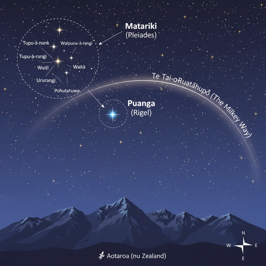 The position of Puanga relative to Matariki in the night sky
