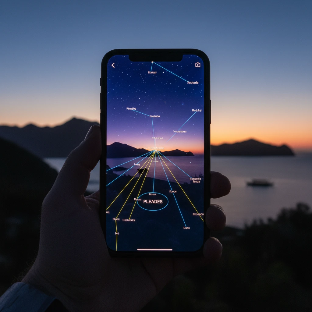 Smartphone displaying interactive night sky map tool with AR overlay