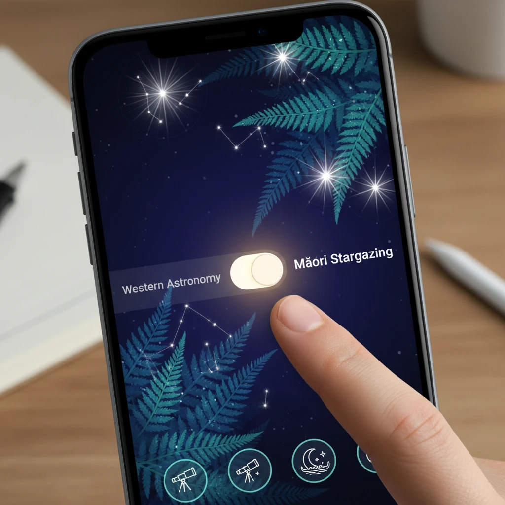 Interface of night sky tool toggling between star naming conventions