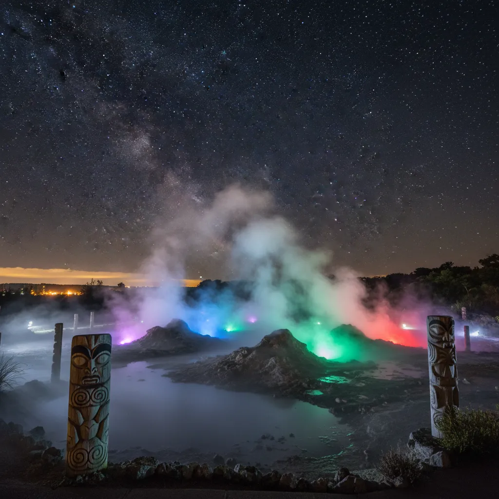 Rotorua geothermal park illuminated at night during Matariki