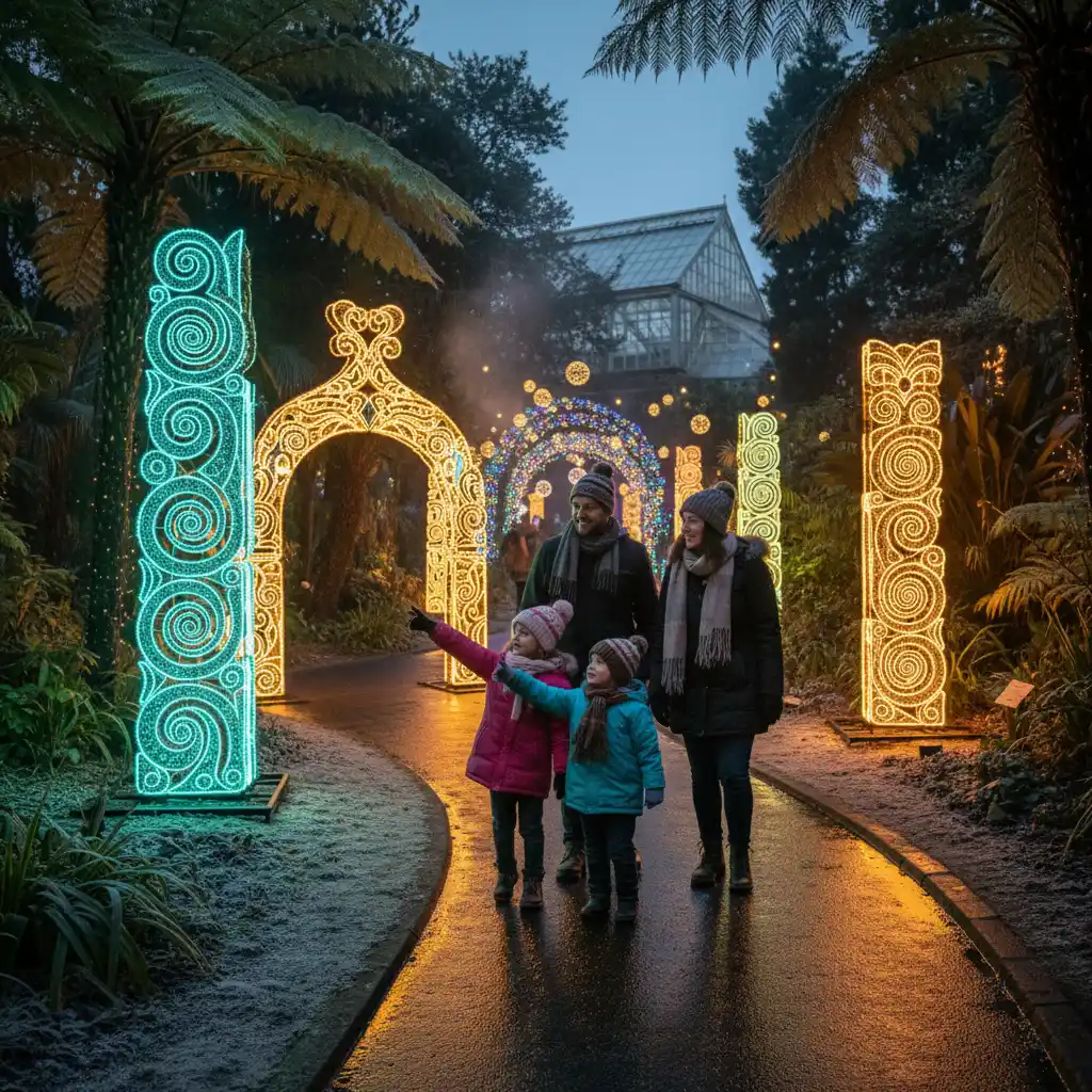 Family enjoying Matariki light festival trail