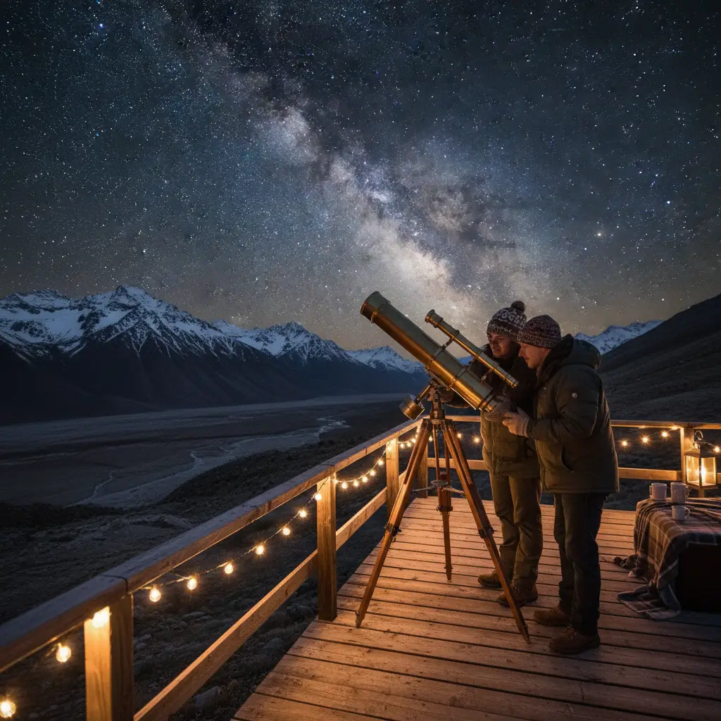 Couple stargazing with telescope on a deck in New Zealand