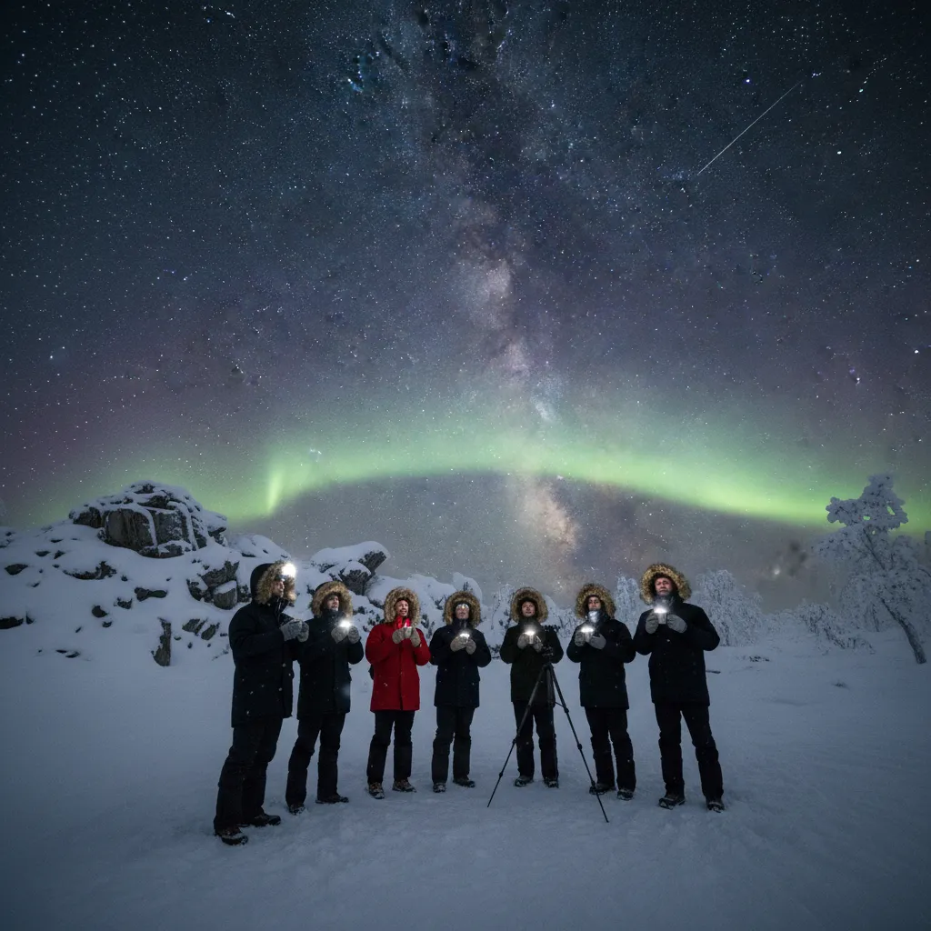 Tourists in winter gear preparing for stargazing in negative temperatures