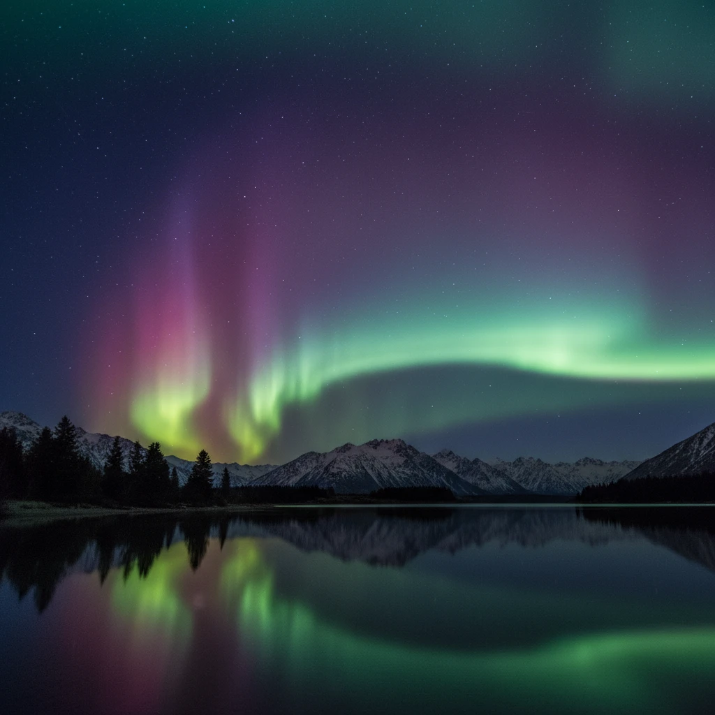 Aurora Australis (Southern Lights) over a New Zealand lake