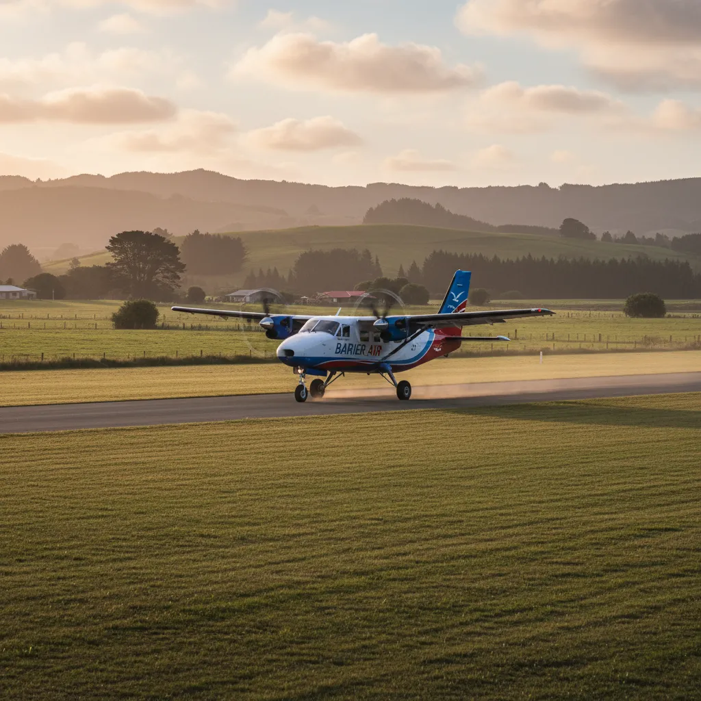 Barrier Air flight landing at Claris airfield Great Barrier Island