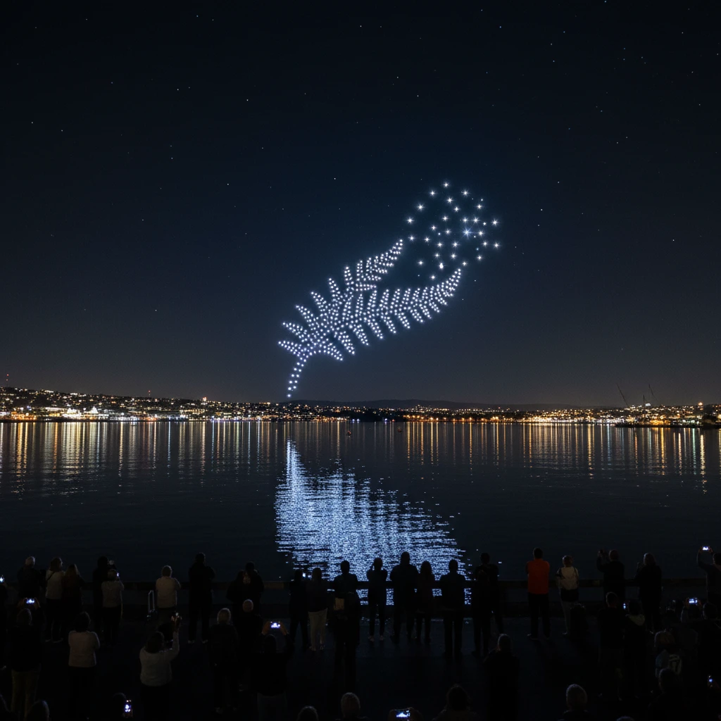 Drones forming a constellation over Wellington Harbor during Matariki