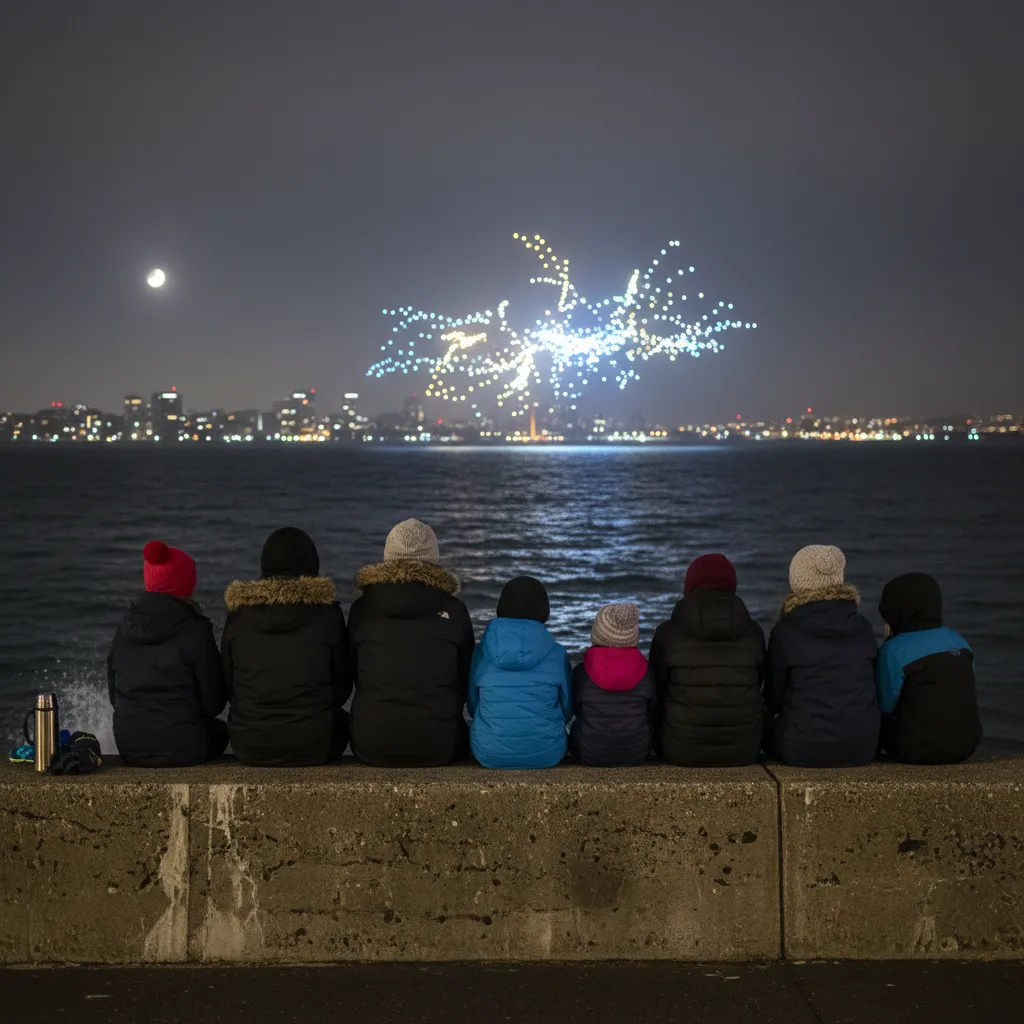 Families watching the Matariki drone show from Oriental Bay