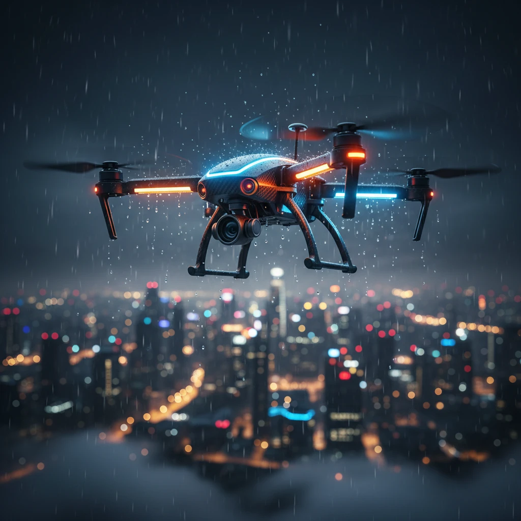 Drone hovering in night sky with LED lights