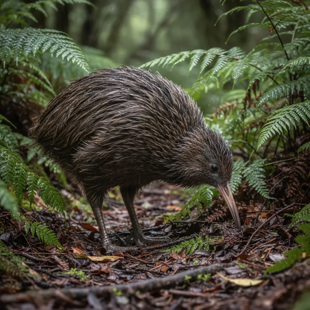 Rakiura Tokoeka Kiwi foraging on the forest floor