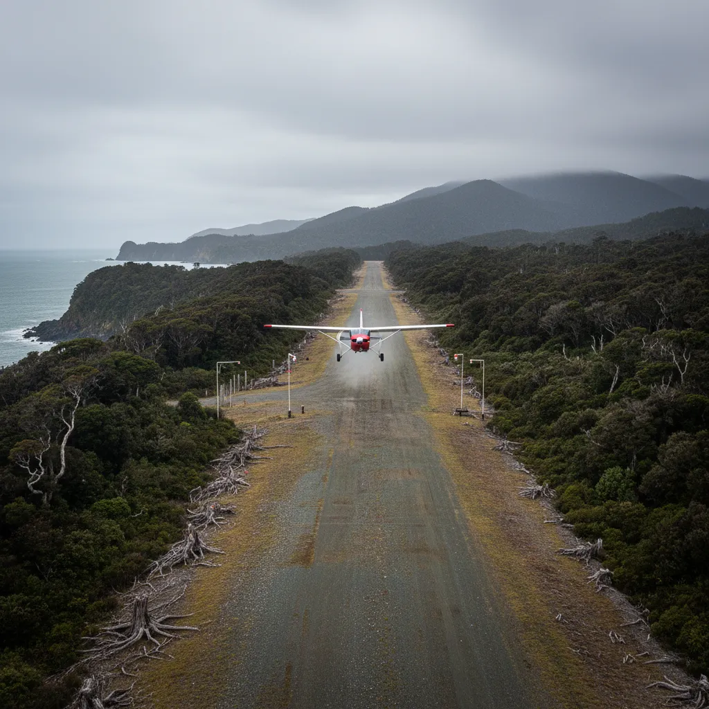 Flight arriving at Rakiura Stewart Island airstrip