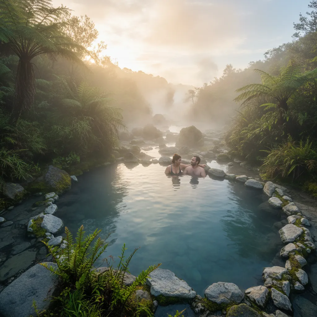 Couple relaxing in Rotorua geothermal hot springs