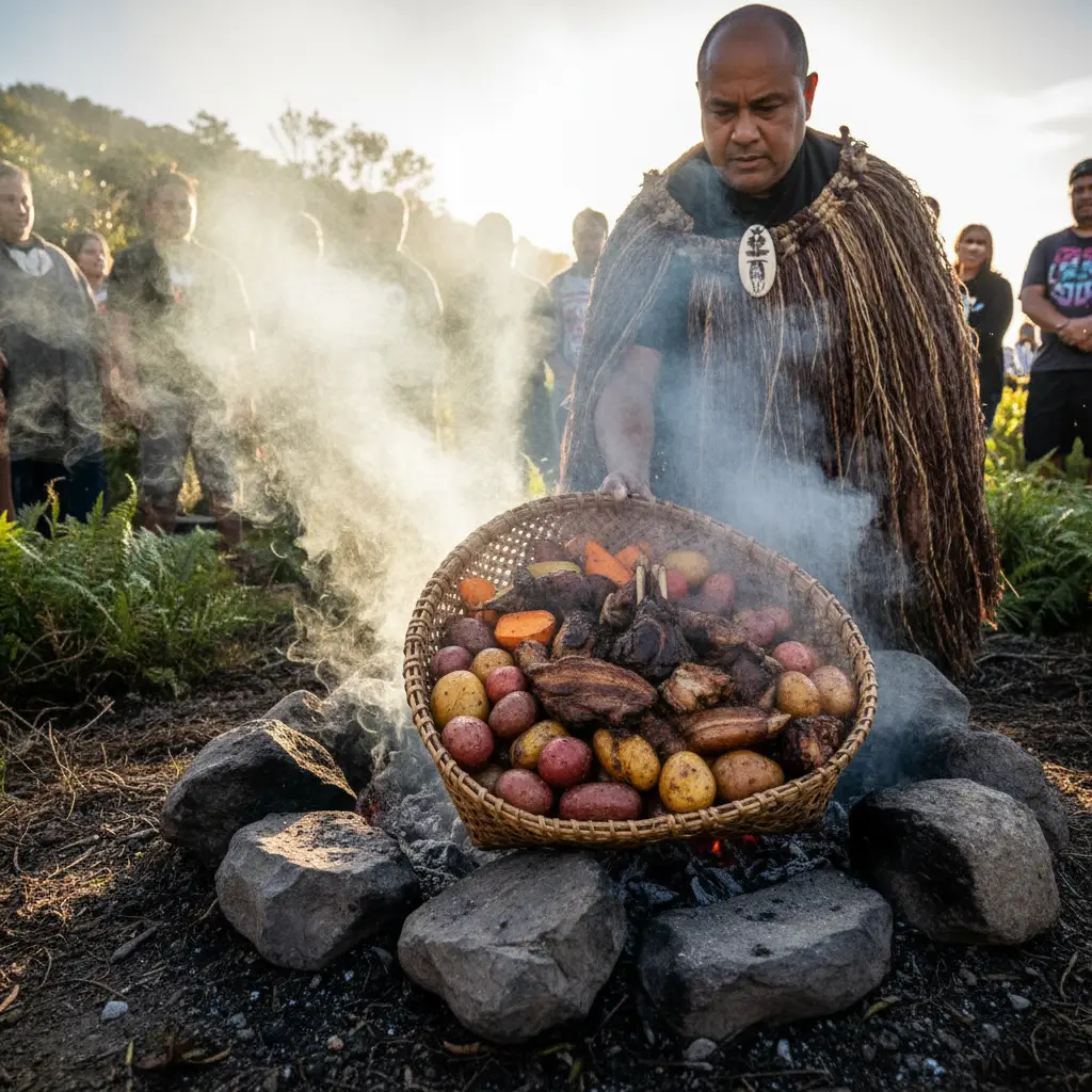 Lifting the traditional Hangi food from the earth oven