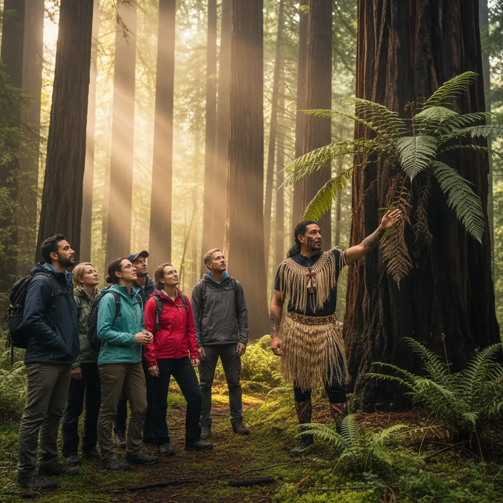 Maori guide explaining native flora in Whakarewarewa Forest