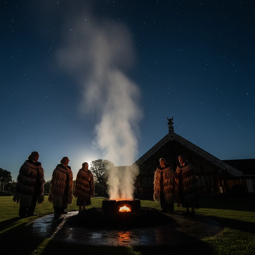 Hautapu dawn ceremony at Waitangi Treaty Grounds with steam rising to the stars