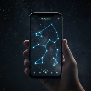Smartphone displaying AR star locator app interface against the night sky