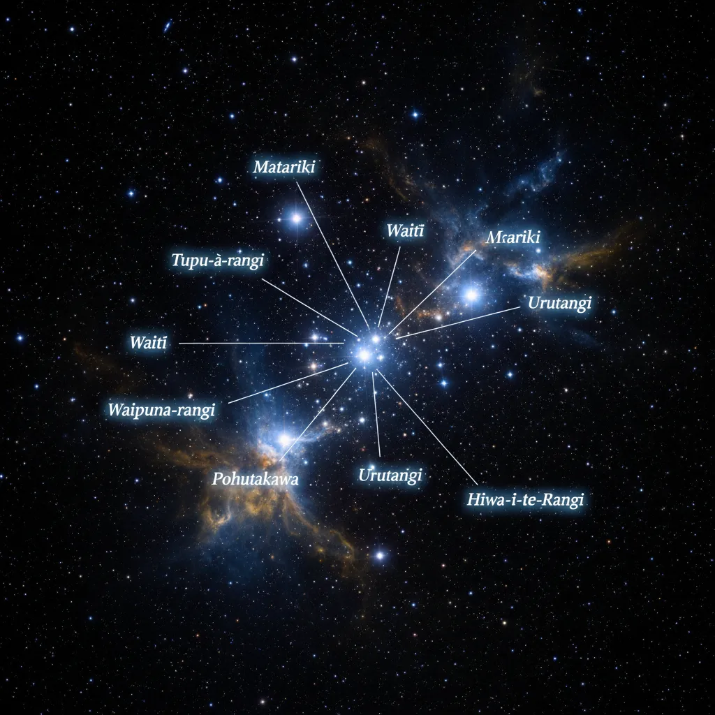 The nine stars of the Matariki cluster labeled in the night sky