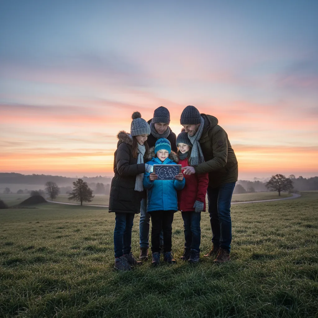 Family using a tablet to locate Matariki at dawn