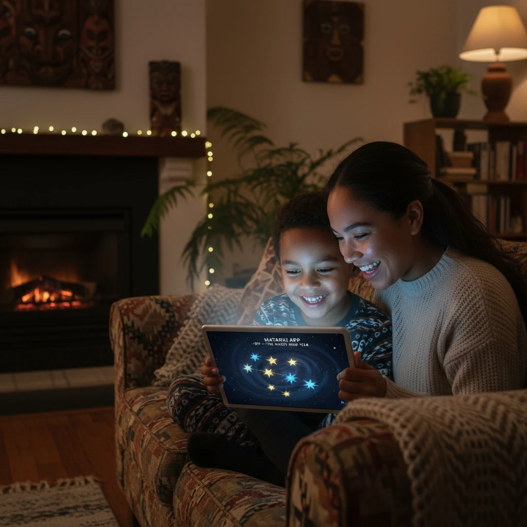 Parent and child engaging with a Matariki gaming app on a tablet